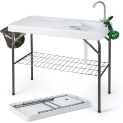 COSTWAY Mesa Plegbale Camping, Mesa Plegable 2 In 1 Multifuncional Con Fregadero, Grifo Giratorio 360°,Tubo De Drenaje, Fregadero Camping Para Jardín, Picnic 107,5 X 57,5 X 87 Cm, 150 Kg