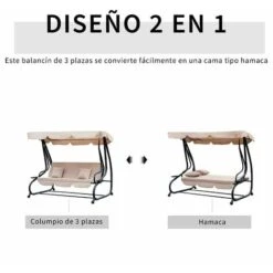 OUTSUNNY Columpio Balancín Jardín 3 Plaza Convertible En Cama Techo Ajustable Carga 340kg -Mano Mano Ventas 13442924 4