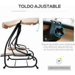OUTSUNNY Columpio Balancín Jardín 3 Plaza Convertible En Cama Techo Ajustable Carga 340kg -Mano Mano Ventas 13442924 5