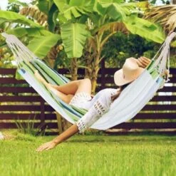 OUTSUNNY Hamaca De Algodón Para Jardín 200x150 Cm Hamaca Colgante Portátil Carga Máx. 180 Kg Para Acampar Piscina Camping Rayas Multicolor -Mano Mano Ventas 1443704 3