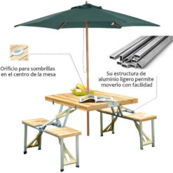 OUTSUNNY Mesa Plegable Para Camping Picnic Playa Con 4 Asientos Y Agujero De Sombrilla Marco De Aluminio 138x85x68 Cm -Mano Mano Ventas 1443708 4