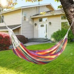 OUTSUNNY Hamaca De Algodón Para Jardín 210x150 Cm Hamaca Colgante Portátil Carga Máx. 180 Kg Para Acampar Piscina Camping Rayas Multicolor -Mano Mano Ventas 1490972 3