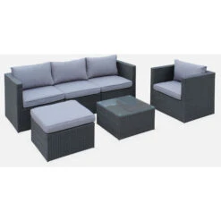 Muebles De Jardin, Conjunto Sofa De Exterior, Negro Gris, 5 Plazas - Benito