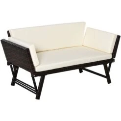 OUTSUNNY Sofá De Ratán De 2 Plazas Convertible En Cama Individual Con Reposabrazos Abatibles Y Cojines Acolchados Sofá Doble Para Jardín Terraza 129x63x67 Cm