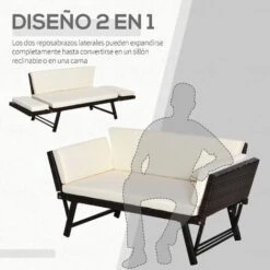 OUTSUNNY Sofá De Ratán De 2 Plazas Convertible En Cama Individual Con Reposabrazos Abatibles Y Cojines Acolchados Sofá Doble Para Jardín Terraza 129x63x67 Cm -Mano Mano Ventas 17705875 4