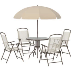 OUTSUNNY Conjunto Muebles Jardin 4 Sillas Mesa De Comedor Redonda Sombrilla Parasol