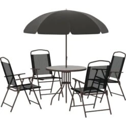 OUTSUNNY Conjunto Muebles Jardin 4 Sillas Mesa De Comedor Redonda Sombrilla Parasol