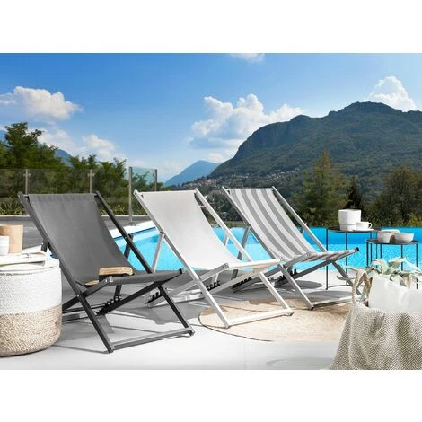 Tumbona De Jardín Gris Blanco Marco Aluminio Negro Rayas Plegable Respaldo Ajustable Aire Libre Locri 2 Tumbona De Jardín Gris Blanco Marco Aluminio Negro Rayas Plegable Respaldo Ajustable Aire Libre Locri - Imagen 2