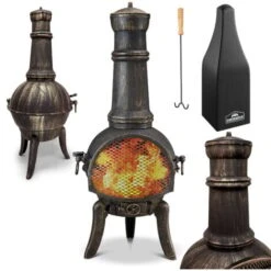 Deuba Chimenea De Terraza Brasero Exterior Estufa Puerta Con Cerradura Compartimiento Cenizas 28kg 112cm Estilo Rústico