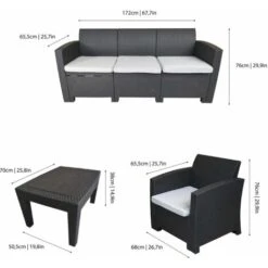 Conjunto De Jardín Chillvert Salerno 1 Sofá 3 Plazas+ 2 Sillones + 1 Mesa Resina Imitación Ratan Gris Antracita -Mano Mano Ventas 18729546 4