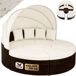 Deuba Tumbona Cama Isla 230cm Techo Plegable Cojines Asientos Sofá Doble Redonda XXL Poliratán Jardín Terraza Patio Marrón