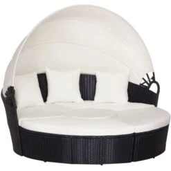 OUTSUNNY Isla De Ratán Para Exterior 5 Piezas Tumbona Redonda Con Toldo Plegable Cojines Extraíbles Lavables Y 3 Almohadas Marco De Metal 175x180x147 Cm