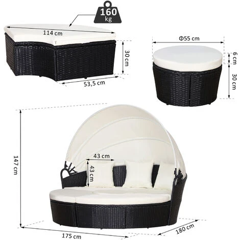 OUTSUNNY Isla De Ratán Para Exterior 5 Piezas Tumbona Redonda Con Toldo Plegable Cojines Extraíbles Lavables Y 3 Almohadas Marco De Metal 175x180x147 Cm 2 OUTSUNNY Isla De Ratán Para Exterior 5 Piezas Tumbona Redonda Con Toldo Plegable Cojines Extraíbles Lavables Y 3 Almohadas Marco De Metal 175x180x147 Cm - Imagen 2