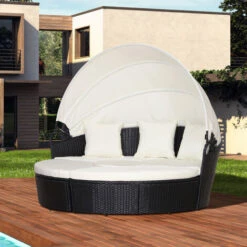 OUTSUNNY Isla De Ratán Para Exterior 5 Piezas Tumbona Redonda Con Toldo Plegable Cojines Extraíbles Lavables Y 3 Almohadas Marco De Metal 175x180x147 Cm 7 OUTSUNNY Isla De Ratán Para Exterior 5 Piezas Tumbona Redonda Con Toldo Plegable Cojines Extraíbles Lavables Y 3 Almohadas Marco De Metal 175x180x147 Cm -Mano Mano Ventas 18819921 3