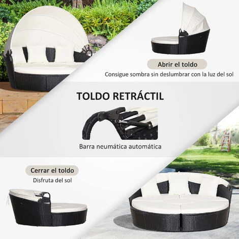 OUTSUNNY Isla De Ratán Para Exterior 5 Piezas Tumbona Redonda Con Toldo Plegable Cojines Extraíbles Lavables Y 3 Almohadas Marco De Metal 175x180x147 Cm 5 OUTSUNNY Isla De Ratán Para Exterior 5 Piezas Tumbona Redonda Con Toldo Plegable Cojines Extraíbles Lavables Y 3 Almohadas Marco De Metal 175x180x147 Cm - Imagen 5