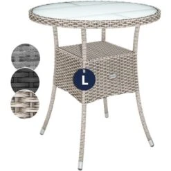 Casaria Polyrattan Mesa De Centro Ø60cm Redonda 5mm Cristal De Seguridad Altura Ajustable Capacidad De Carga 80kg Resistente A Intemperie Rayos UV Mesa De Café Color Beige