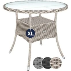 Casaria Polyrattan Mesa De Centro Ø80cm Redonda 5mm Cristal De Seguridad Altura Ajustable Capacidad De Carga 80kg Resistente A Intemperie Rayos UV Mesa De Café Color Beige