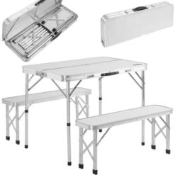 Casaria Set Mesa Y 2 Bancos Plegables Mesita Picnic Camping Función Maleta Aluminio 4 Personas Jardín Blanco
