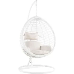 Silla Colgante De Ratán Sintético Columpio Blanco Forma De Huevo Mimbre Rústico Boho Fano