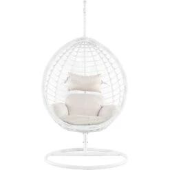 Silla Colgante De Ratán Sintético Columpio Blanco Forma De Huevo Mimbre Rústico Boho Fano -Mano Mano Ventas 19948949 4