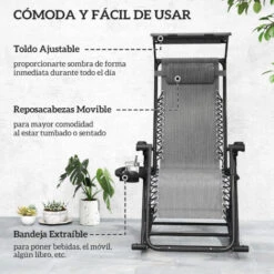 OUTSUNNY Silla Mecedora De Jardín Plegable Con Techo Reposacabezas Extraíble Acero Gris -Mano Mano Ventas 29107667 5