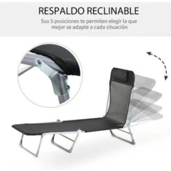 OUTSUNNY Tumbona Plegable Y Reclinable Con Reposacabezas Y Respaldo Ajustable Negro -Mano Mano Ventas 29358318 3