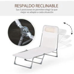 OUTSUNNY Tumbona Plegable Y Reclinable Con Reposacabezas Y Respaldo Ajustable Crema -Mano Mano Ventas 29358327 3