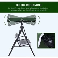 OUTSUNNY Columpio De Jardín De 3 Plazas Con Techo Ajustable Acero 172x110x153 Cm Verde -Mano Mano Ventas 29546547 4