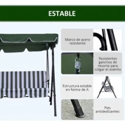OUTSUNNY Columpio De Jardín De 3 Plazas Con Techo Ajustable Acero 172x110x153 Cm Verde -Mano Mano Ventas 29546547 5