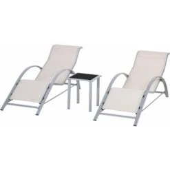 OUTSUNNY 2 Tumbonas De Jardín 59x169x66cm Con Mesa De Café 41x41x45cm Patio Piscina Beige