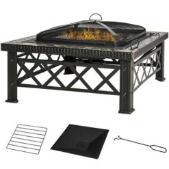 OUTSUNNY Brasero Exterior Cuadrada Multifuncional 76x76x47 Cm Calefacción Barbacoa Negro