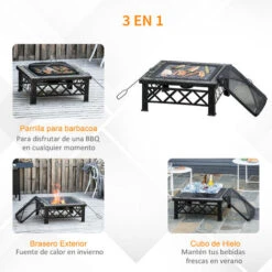 OUTSUNNY Brasero Exterior Cuadrada Multifuncional 76x76x47 Cm Calefacción Barbacoa Negro -Mano Mano Ventas 30114955 4
