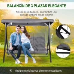 OUTSUNNY Columpio Balancín De Jardín Con Dosel Ajustable De 3 Plazas Con Cojines Gris -Mano Mano Ventas 30650259 5