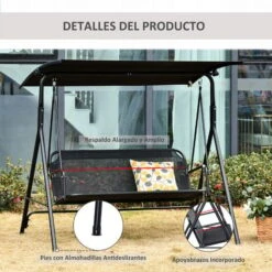 OUTSUNNY Columpio De Jardín 2 Plazas Silla Balancín Techo Ajustable 172x110x155cm Negro -Mano Mano Ventas 30650260 5
