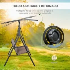OUTSUNNY Columpio De Jardín 2 Plazas Silla Balancín Techo Ajustable 172x110x155cm Marrón -Mano Mano Ventas 30650262 4