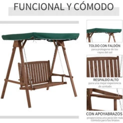 OUTSUNNY Banco Columpio De Jardín De Madera Dosel Verde 160x120x165cm Carga 227kg Marrón -Mano Mano Ventas 31051588 5