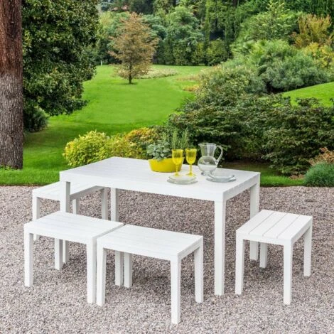 Dmora Salón De Jardín Sanremo, Conjunto De Jardín Con 1 Mesa Rectangular Y 4 Bancos, Conjunto De Interior Y Exterior Para Pic Nic, 100% Made In Italy, Blanco, Con Embalaje Reforzado 2 Dmora Salón De Jardín Sanremo, Conjunto De Jardín Con 1 Mesa Rectangular Y 4 Bancos, Conjunto De Interior Y Exterior Para Pic Nic, 100% Made In Italy, Blanco, Con Embalaje Reforzado - Imagen 2