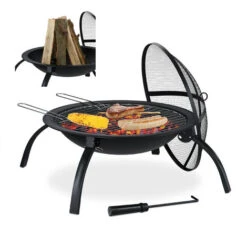 Relaxdays Brasero Para Jardín, Parrilla De Barbacoa, Atizador, Tapa Contra Chispas, Cuenco Para Hogueras, 56,5 Cm, Negro