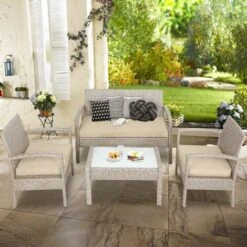 Casaria Conjunto Lounge De Jardín Beige De Poliratán Juego De Mesa Sillas Y Banco Exterior 7 Pzs -Mano Mano Ventas 32120487 3
