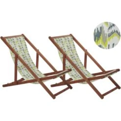 Conjunto De 2 Tumbonas De Jardín De Tela Amarillo Gris Madera De Acacia Oscura Reclinable Plegable Anzio