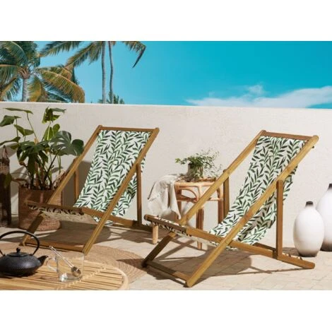 Conjunto De 2 Tumbonas De Jardín De Tela Madera De Acacia Clara Patrón De Hojas Reclinable Plegable Anzio 2 Conjunto De 2 Tumbonas De Jardín De Tela Madera De Acacia Clara Patrón De Hojas Reclinable Plegable Anzio - Imagen 2