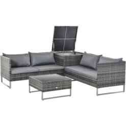 OUTSUNNY Conjunto De 4 Muebles De Jardín De Ratán Con 2 Sofás Dobles Mesa Central Mesa Con Arcón Cojines Extraíbles Para Terraza Exterior 132x69x64 Cm Gris