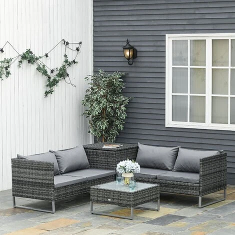 OUTSUNNY Conjunto De 4 Muebles De Jardín De Ratán Con 2 Sofás Dobles Mesa Central Mesa Con Arcón Cojines Extraíbles Para Terraza Exterior 132x69x64 Cm Gris 3 OUTSUNNY Conjunto De 4 Muebles De Jardín De Ratán Con 2 Sofás Dobles Mesa Central Mesa Con Arcón Cojines Extraíbles Para Terraza Exterior 132x69x64 Cm Gris - Imagen 3