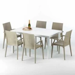 Mesa Rectangular Blanca 150x90 Cm Y 6 Sillas De Colores Bistrot Arm Summerlife Color: Beige