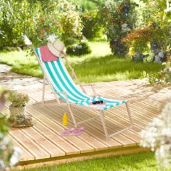 Relaxdays Tumbona De Madera Y Tela, 3 Posiciones, Reposabrazos Y Reposapiés, Hasta 120 Kg, Hamaca Jardín, Blanco Y Azul -Mano Mano Ventas 34056986 2