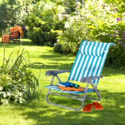 Relaxdays Tumbona Playa Plegable, Reclinable, 8 Niveles, Silla Piscina Reposacabezas, Abrebotellas, Rayas, Azul Y Blanco -Mano Mano Ventas 34260472 2