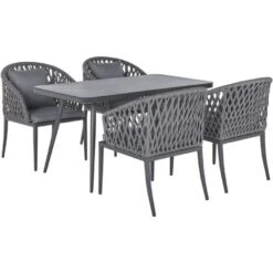 Conjunto De Comedor De Jardín 4 Plazas Metal Gris Aluminio Acabado Mate Mesa Exterior 4 Sillas Con Cojines Moderno Lipari