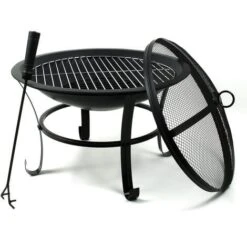 Brasero Exterior Ø56cm Con Protección Antichispas Y Parrilla, 2en1 Fogón Jardín Barbacoa, Con Gancho