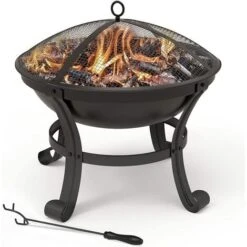 VOUNOT Brasero Exterior 55 Cm Cuenco De Fuego Negro Con Atizador, Protector De Chispas, Hoguera Jardín Para Terraza Camping Fiesta