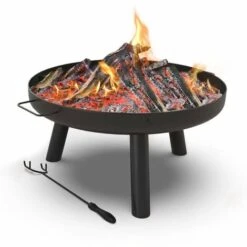 VOUNOT Brasero Exterior 60 Cm Cuenco De Fuego Negro Con Trípode Y Asas, Hoguera Jardín Para Terraza Camping Fiesta